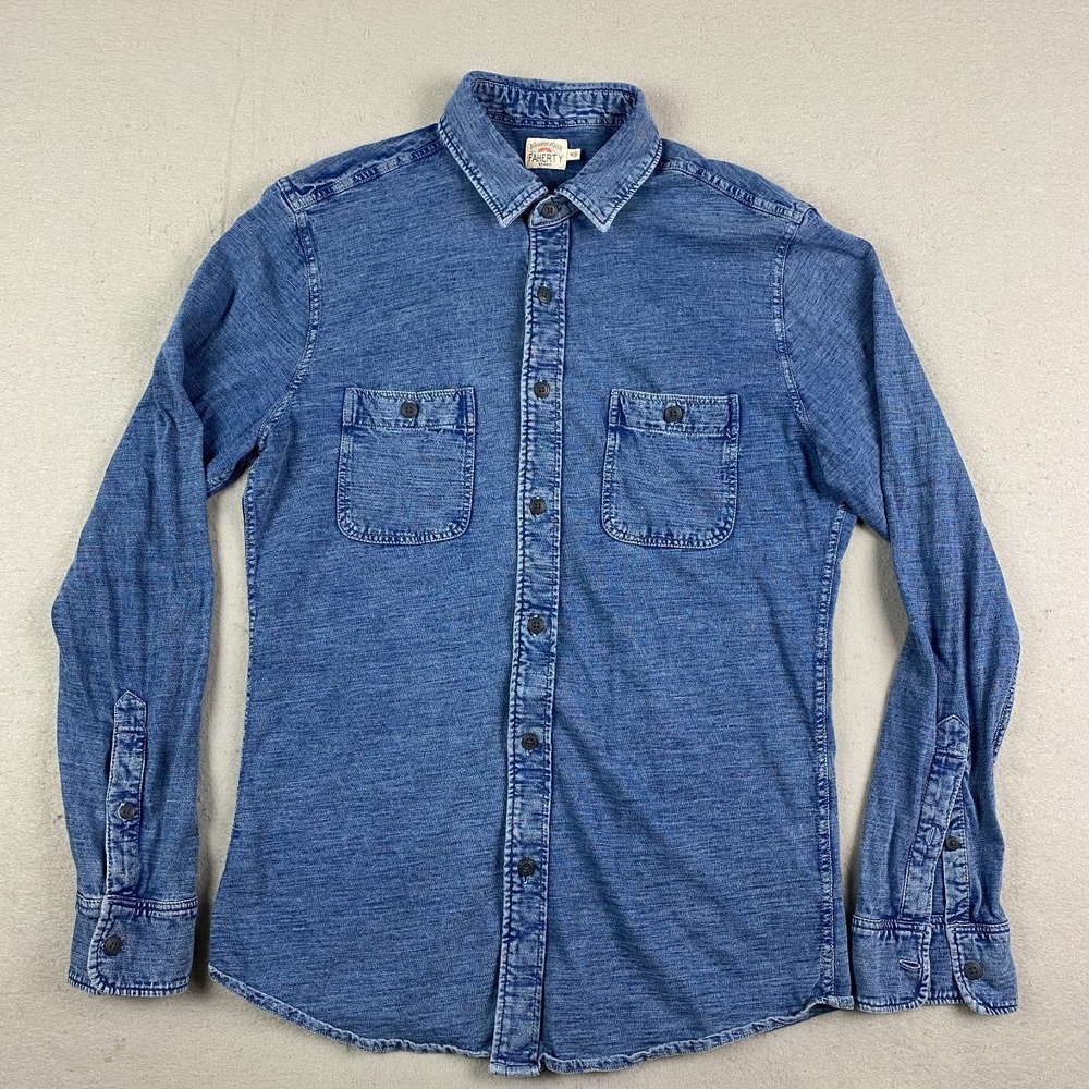 Faherty Mens Knit Seasons Shirt M blue MKC0086 long sleeve